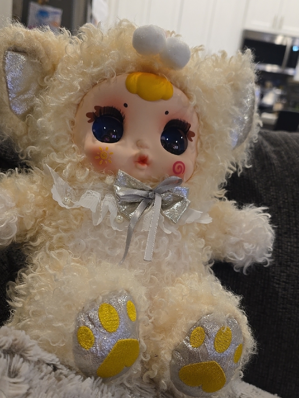 Plush Lamb Doll in Cream with Silver Bow - Kids Toys